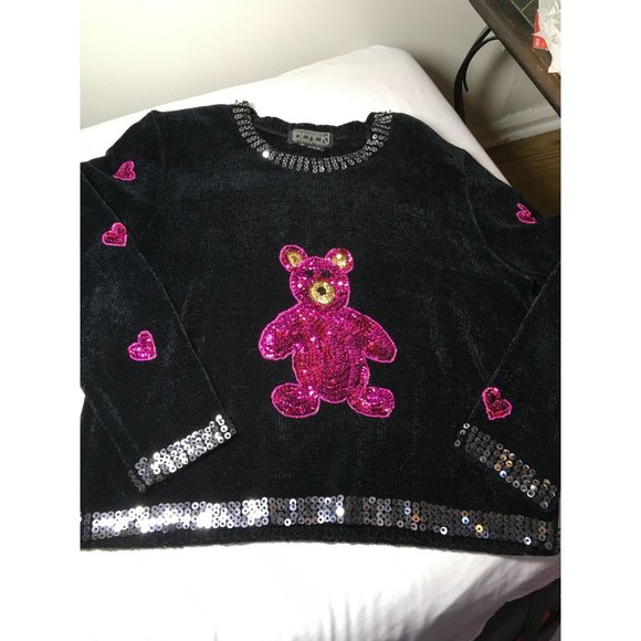 Vintage Berek Pink Sequin Teddy Bear/Heart Sweater (Valentines Day) size Medium - Picture 1 of 12